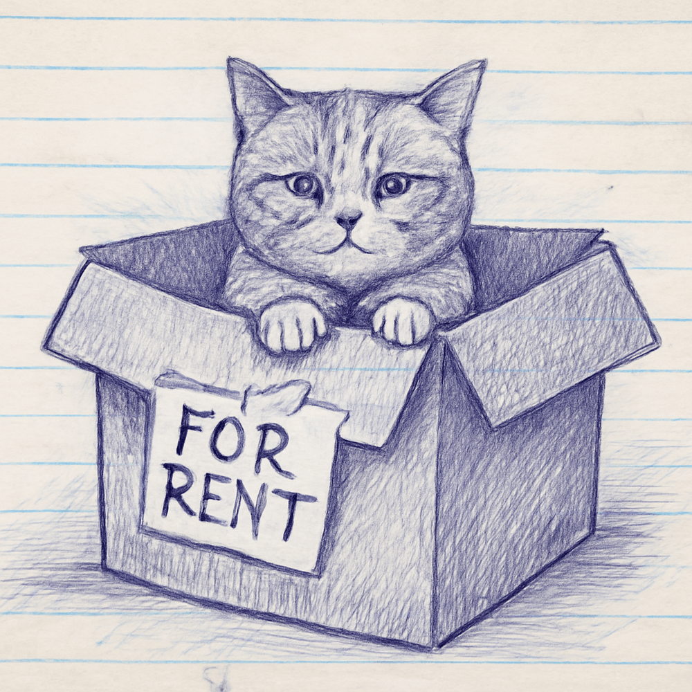 a cat sitting in a moving box marked for rent